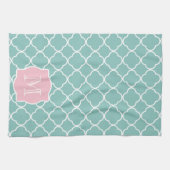 Licht groen Quatrefoil roze Monogram Theedoek (Horizontaal)