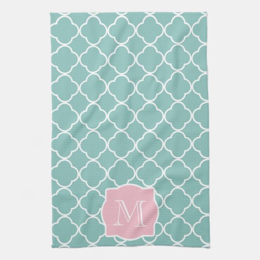 Licht groen Quatrefoil roze Monogram Theedoek (Verticaal)