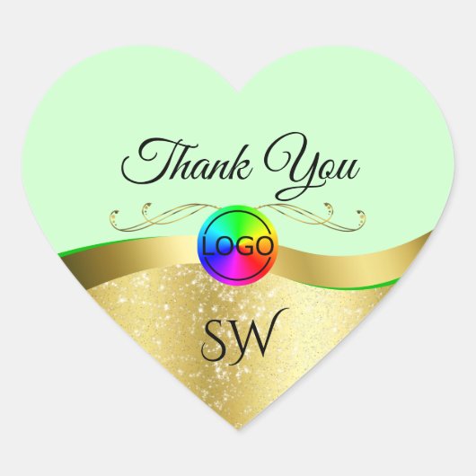 Licht Groen Wavy Goud met Logo Monogram Dank U Hart Sticker (Voorkant)