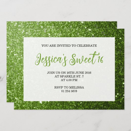 Licht groene sparkles Sweet 16 elegant script Kaart (Voorkant / Achterkant)