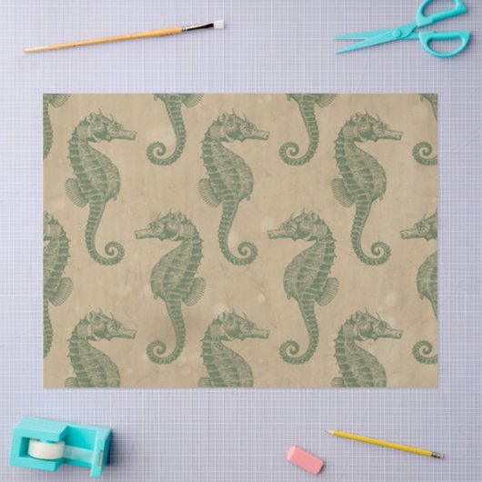 Licht groene zeepaardjes op Tan-decoupage Tissuepapier (Craft)