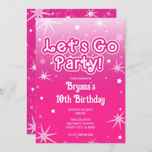 Licht & Heet Roze Sparkle Stars Laten we gaan fees Kaart (Voorkant / Achterkant)