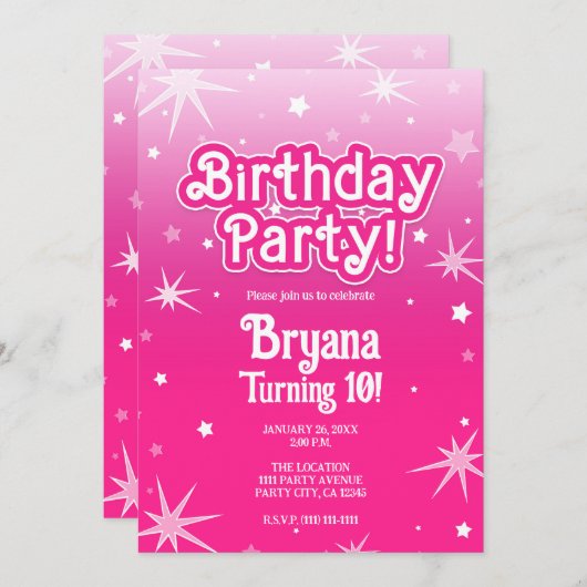 Licht & Heet Roze Sparkle Stars Verjaardagsfeestje Kaart (Voorkant / Achterkant)