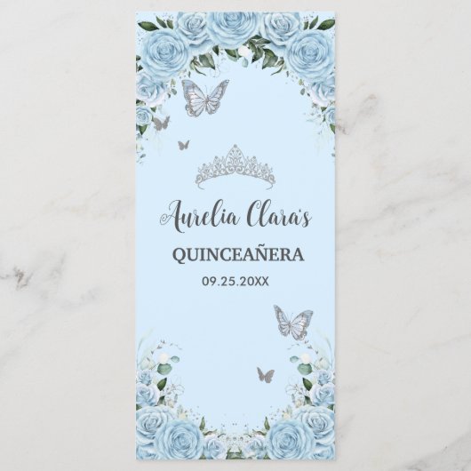 Licht hemelsblauw Bloemenvlinders Quinceañera Menu (Achterkant)