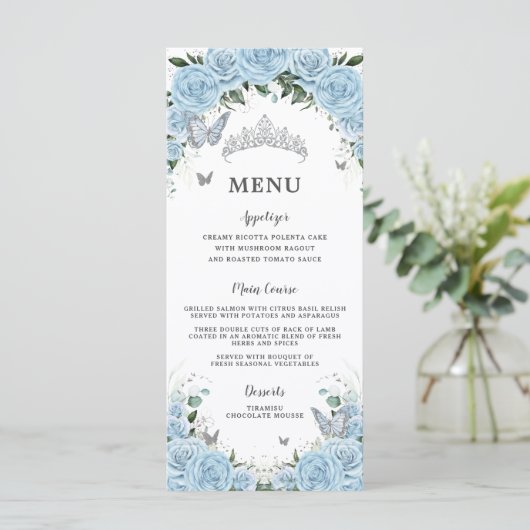 Licht hemelsblauw Bloemenvlinders Quinceañera Menu (Staand voorkant)