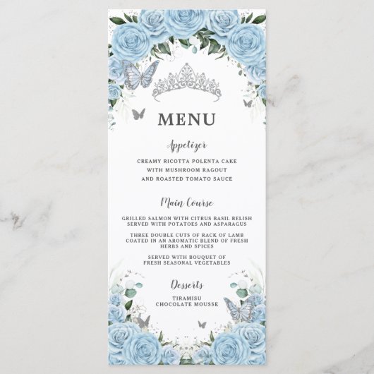 Licht hemelsblauw Bloemenvlinders Quinceañera Menu (Voorkant)
