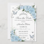 Licht hemelsblauw Bloemzoet 16 Quinceañera Foto Save The Date (Voorkant)