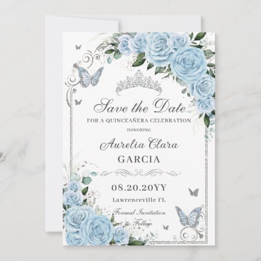 Licht hemelsblauw Bloemzoet 16 Quinceañera Foto Save The Date (Voorkant)