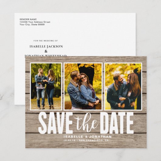 Licht Hout Rustieke Fotocollage Save the Date Aankondigingskaart (Voorkant / Achterkant)