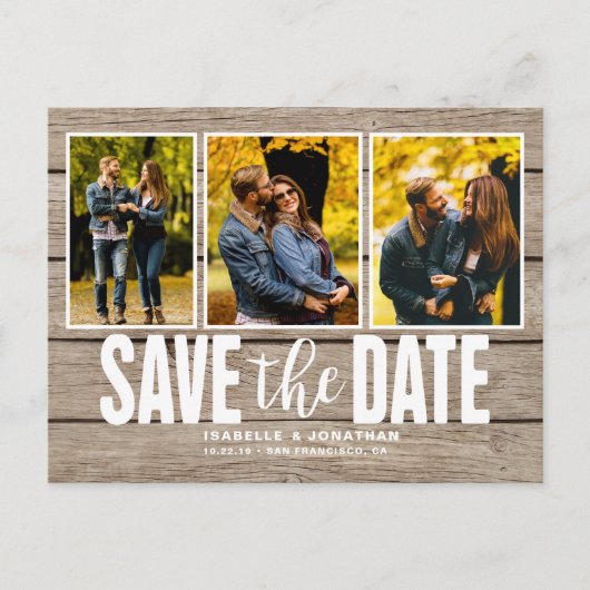 Licht Hout Rustieke Fotocollage Save the Date Aankondigingskaart (Voorkant)