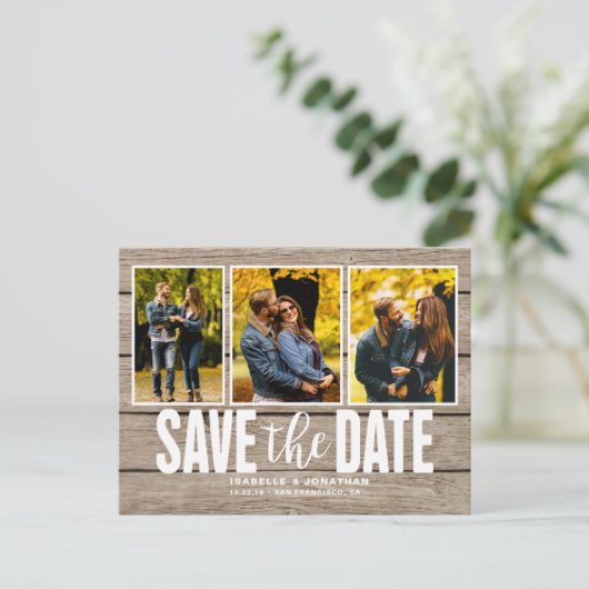 Licht Hout Rustieke Fotocollage Save the Date Aankondigingskaart (Staand voorkant)