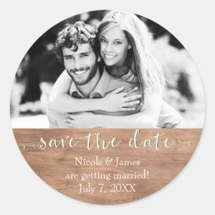 Licht hout SAVE THE DATE Glam Landelijke Huwelijks Ronde Sticker