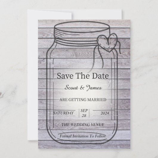 Licht Houten Achtergrond met Hart Mason Jar Save The Date (Voorkant)