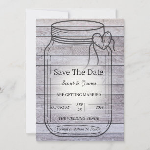 Licht Houten Achtergrond met Hart Mason Jar Save The Date