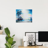 Licht huis en palmbomen op het Poster van de Beach (Thuiskantoor)