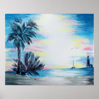 Licht huis en palmbomen op het Poster van de Beach