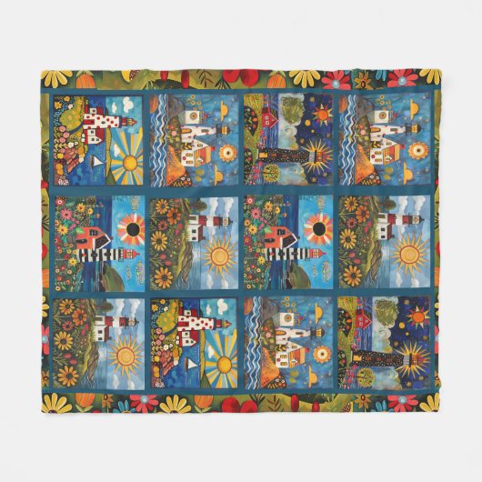 Licht huis patch werk gewatteerd patroon fleece deken (Voorkant (Horizontaal))