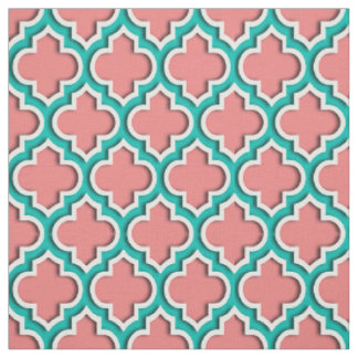 Licht koraal, Blauwgroen Marokkaans Quatrefoil #5D Stof