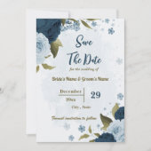 Licht & marine blauwe bloemen botanische bruiloft save the date (Voorkant)
