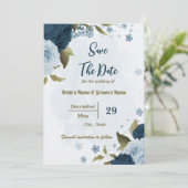 Licht & marine blauwe bloemen botanische bruiloft save the date (Staand voorkant)