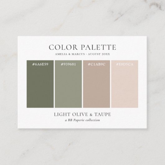 Licht Olijf & Taupe Bruiloft Kleurenpalet Informatiekaartje (Voorkant)