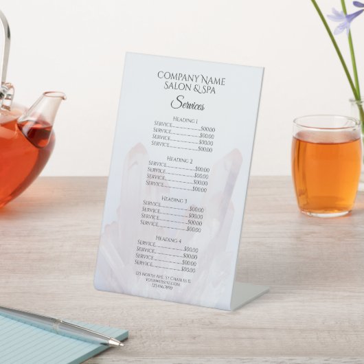 Licht Paars Crystals Spa Salon Services Menu Reclamebord Met Voetstuk (Insitu)