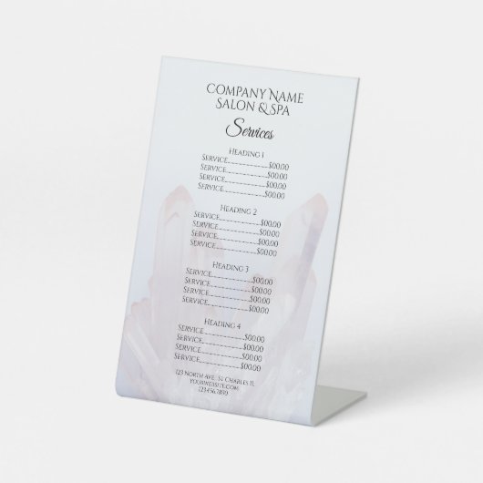 Licht Paars Crystals Spa Salon Services Menu Reclamebord Met Voetstuk (Voorkant)