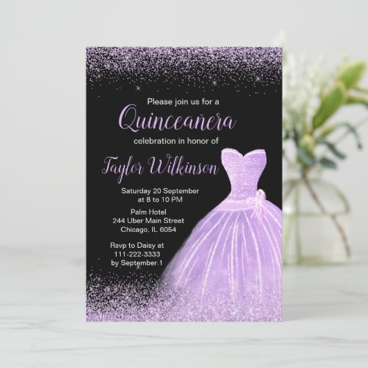 Licht Paars dress Faux Glitter Quinceanera Kaart (Staand voorkant)