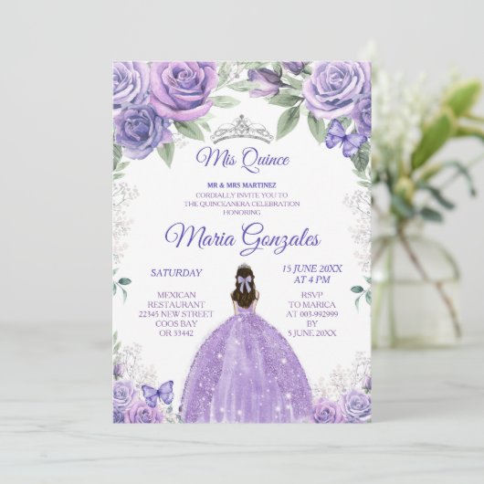 Licht Paars en zilver Charra Mis XV Anos Kaart (Staand voorkant)