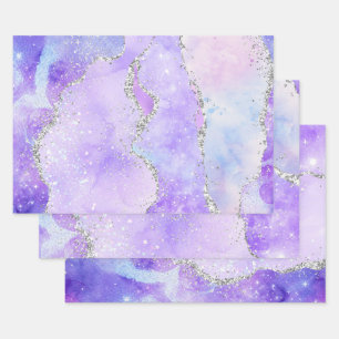 Licht Paars en zilver Faux Glitter Pastel Agate Inpakpapier Vel