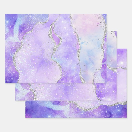 Licht Paars en zilver Faux Glitter Pastel Agate Inpakpapier Vel (Set)