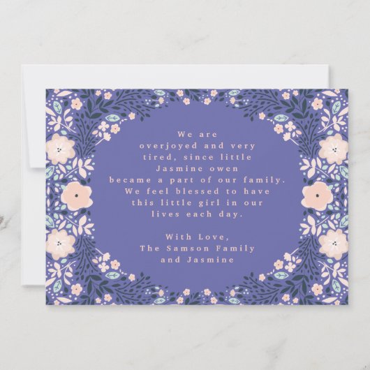 Licht Paars Floral Lijst Foto baby geboorte Aankondiging (Achterkant)