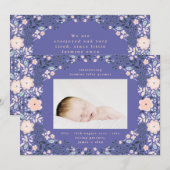 Licht Paars Floral Lijst Foto baby geboorte Aankondiging (Voorkant / Achterkant)