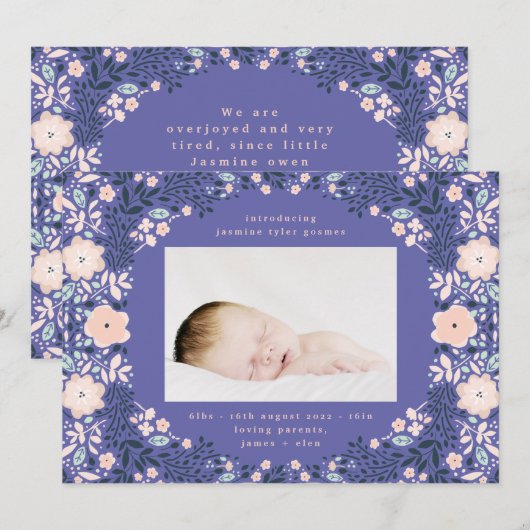 Licht Paars Floral Lijst Foto baby geboorte Aankondiging (Voorkant / Achterkant)