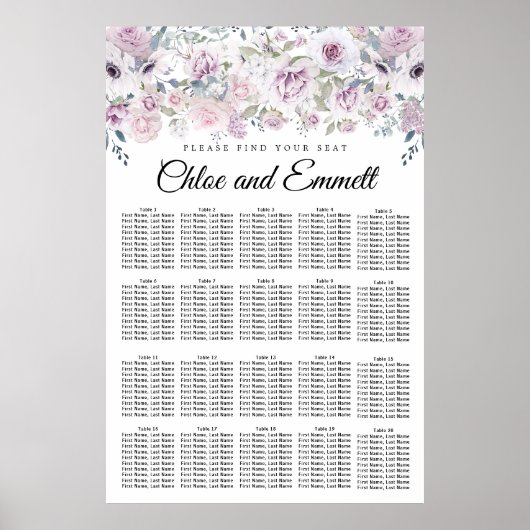 Licht Paars witte flora 20-tabel zitplaatskaart Poster (Voorkant)