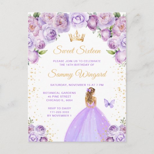 Licht Paarse Blonde Haren Prinses Sweet Sixteen Briefkaart (Voorkant)