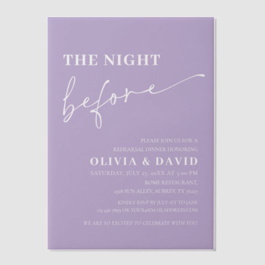 Licht Paarse de avond voor het repetitiediner Vellum Uitnodigingen (Voorkant)