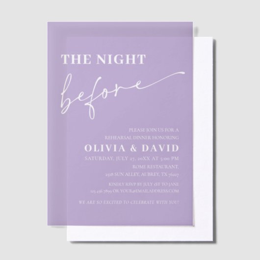 Licht Paarse de avond voor het repetitiediner Vellum Uitnodigingen (Offset)