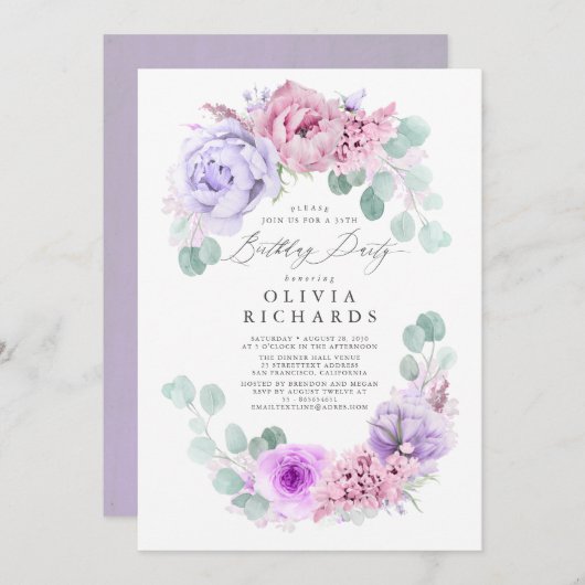 Licht Paarse en Roze Bloemen Verjaardagsfeest Kaart (Voorkant / Achterkant)