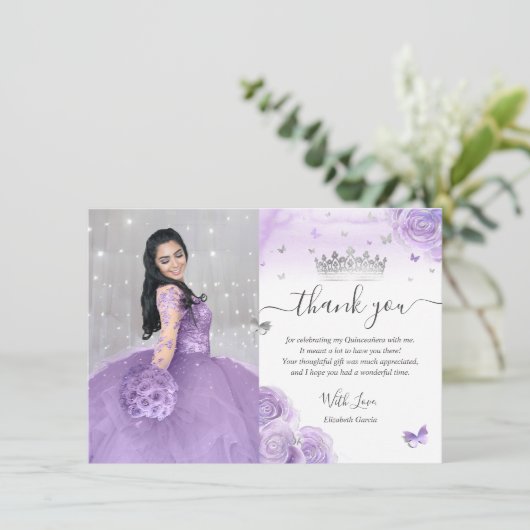 Licht Paarse en zilveren Quinceañera Foto Verjaard Bedankkaart (Staand voorkant)