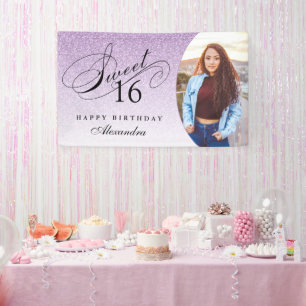 Licht Paarse Glitter Sweet 16 gepersonaliseerde fo Spandoek