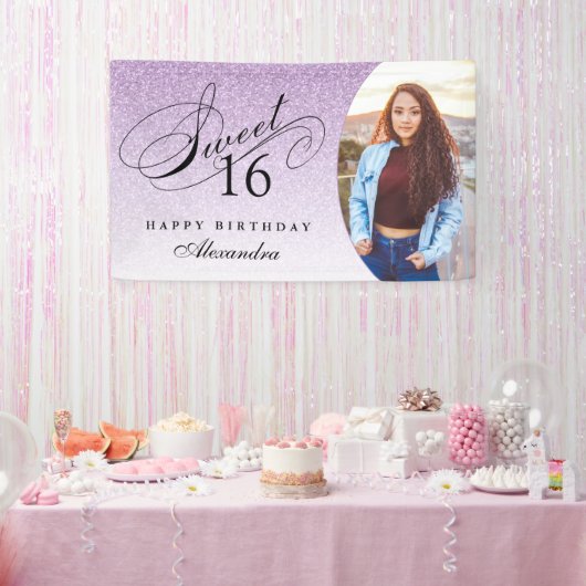 Licht Paarse Glitter Sweet 16 gepersonaliseerde fo Spandoek (Feest)