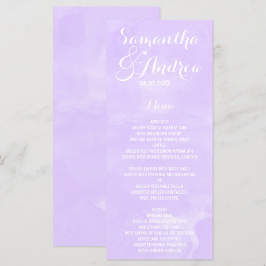 Licht paarse lavendel waterverf bruiloft menu (Voorkant / Achterkant)