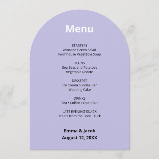 Licht Paarse moderne bruiloft menu Kaart (Voorkant)