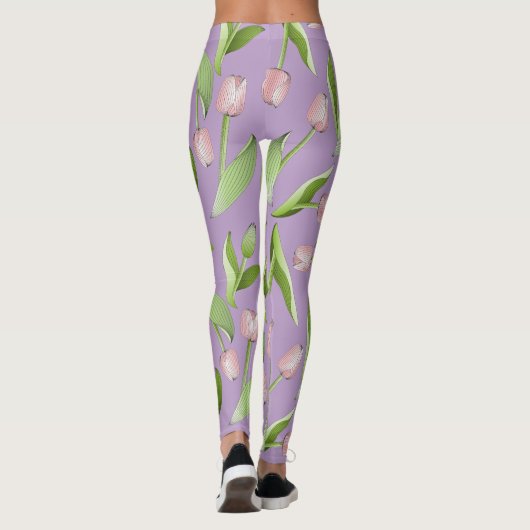 Licht Paarse moderne roze tulp print Leggings (Achterkant)