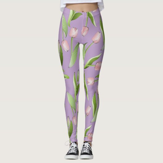 Licht Paarse moderne roze tulp print Leggings (Voorkant)