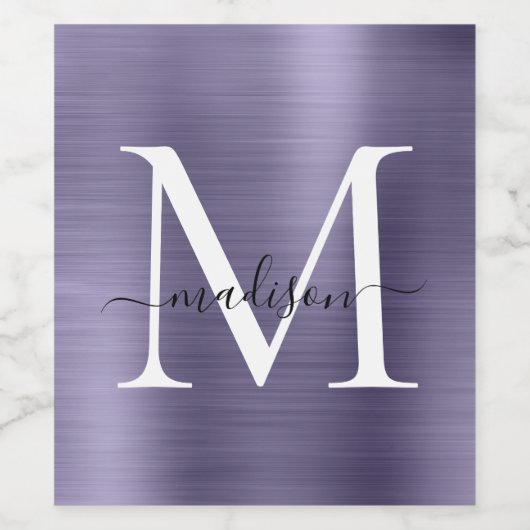 Licht Paarse Monogram Girly Script Metallic Steel Wijn Etiket (Enkel label)