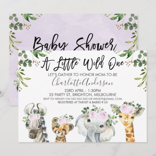 Licht Paarse Safari Dieren Baby shower Uitnodiging (Voorkant / Achterkant)