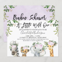 Licht Paarse Safari Dieren Baby shower Uitnodiging