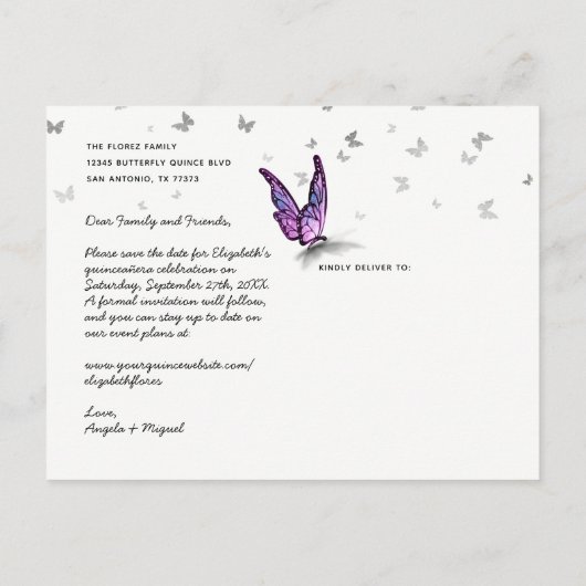 Licht Paarse vlinder Foto slaat de datum op Aankondigingskaart (Achterkant)